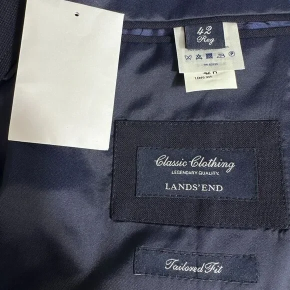 LANDS END Mans Navy Blazer Sport Coat Two Button Jacket 42R WOOL Suits